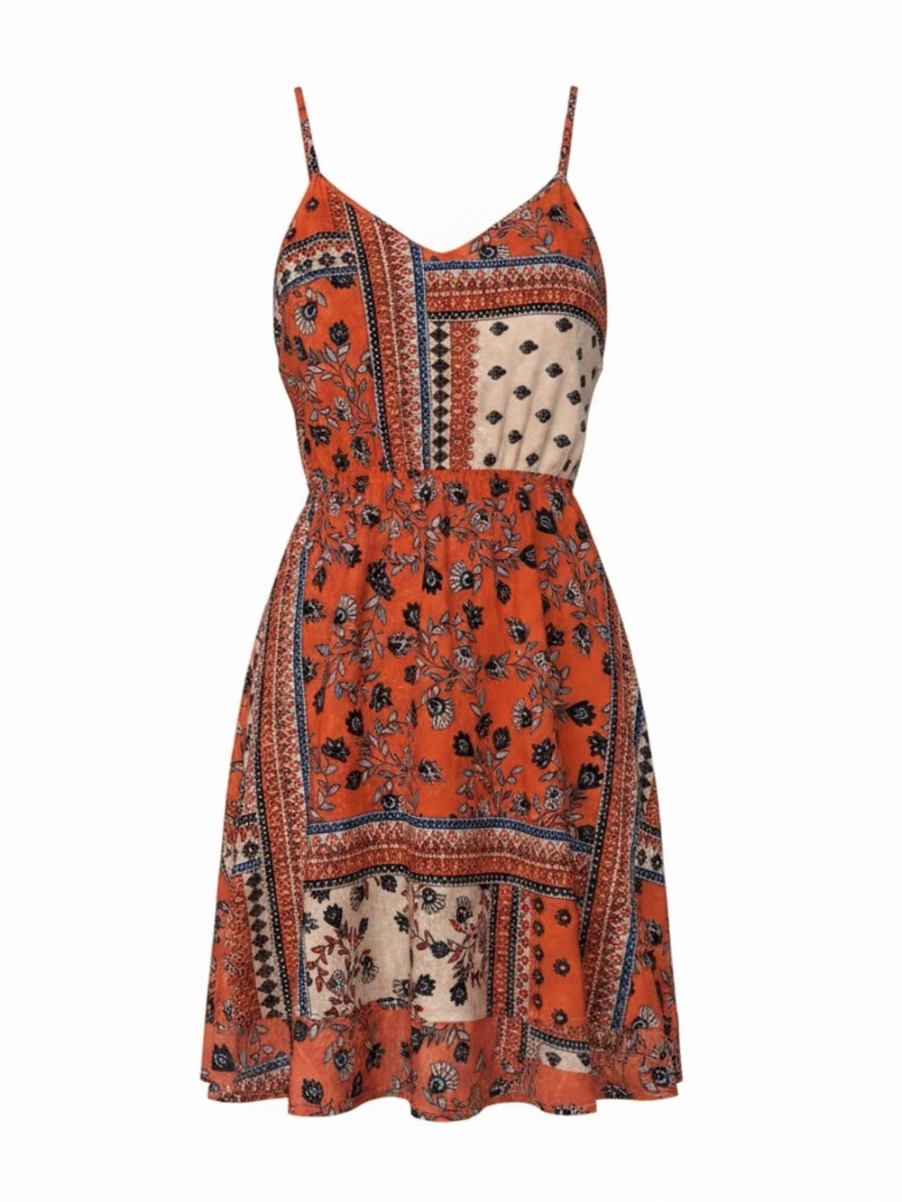 Orange Floral Patchwork Spaghetti-Strap Dress